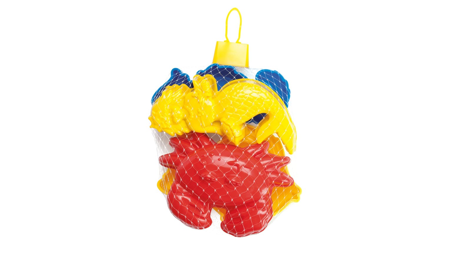 Sandlegetøj i net med fire havdyrsforme i gul, rød og blå