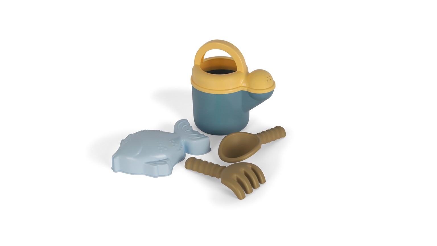 Blåt og gult sandlegetøjssæt med spand, skovl og rive.