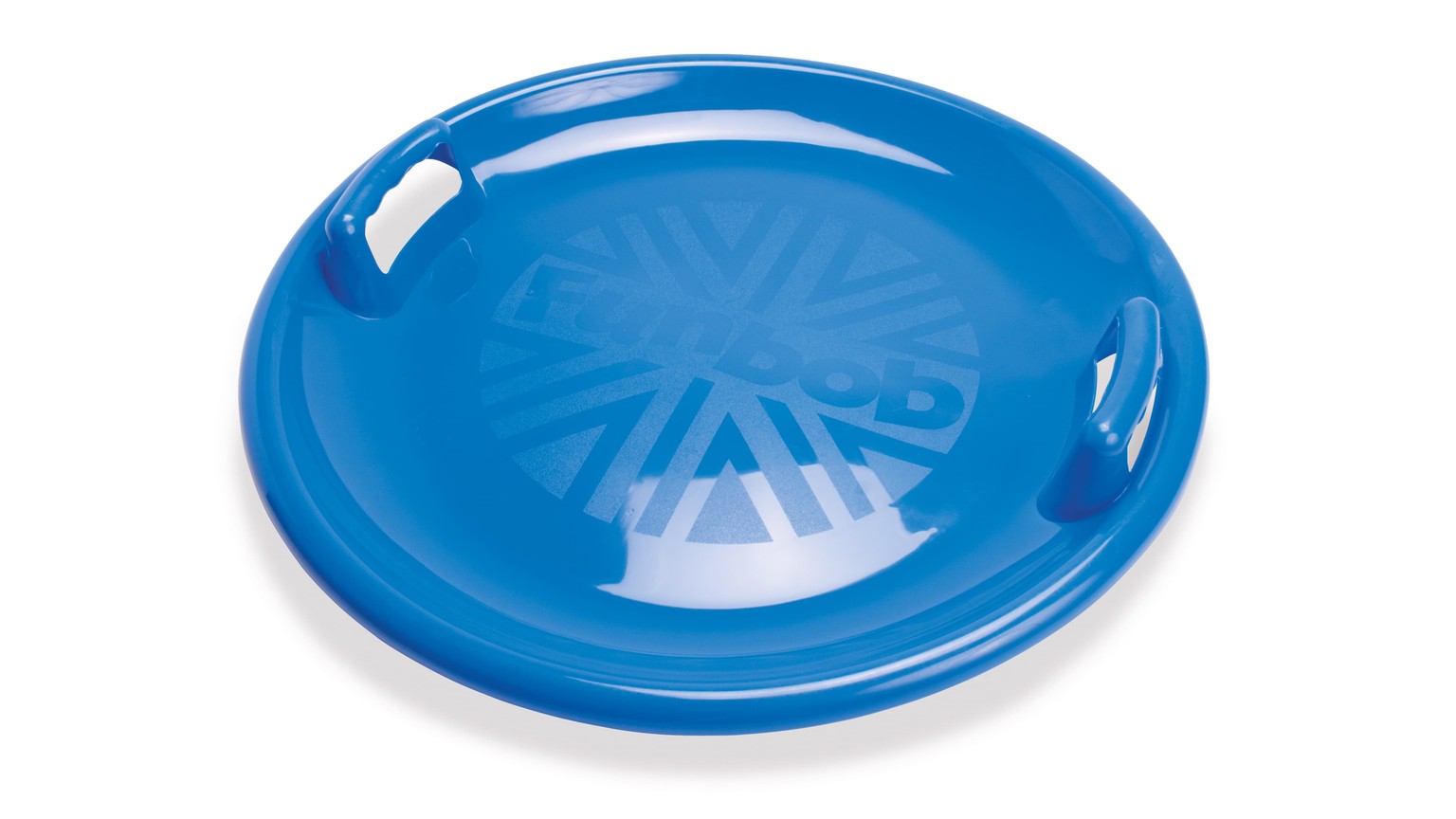 Rund, blå kælkebakke med stjerneformet mønster i midten.