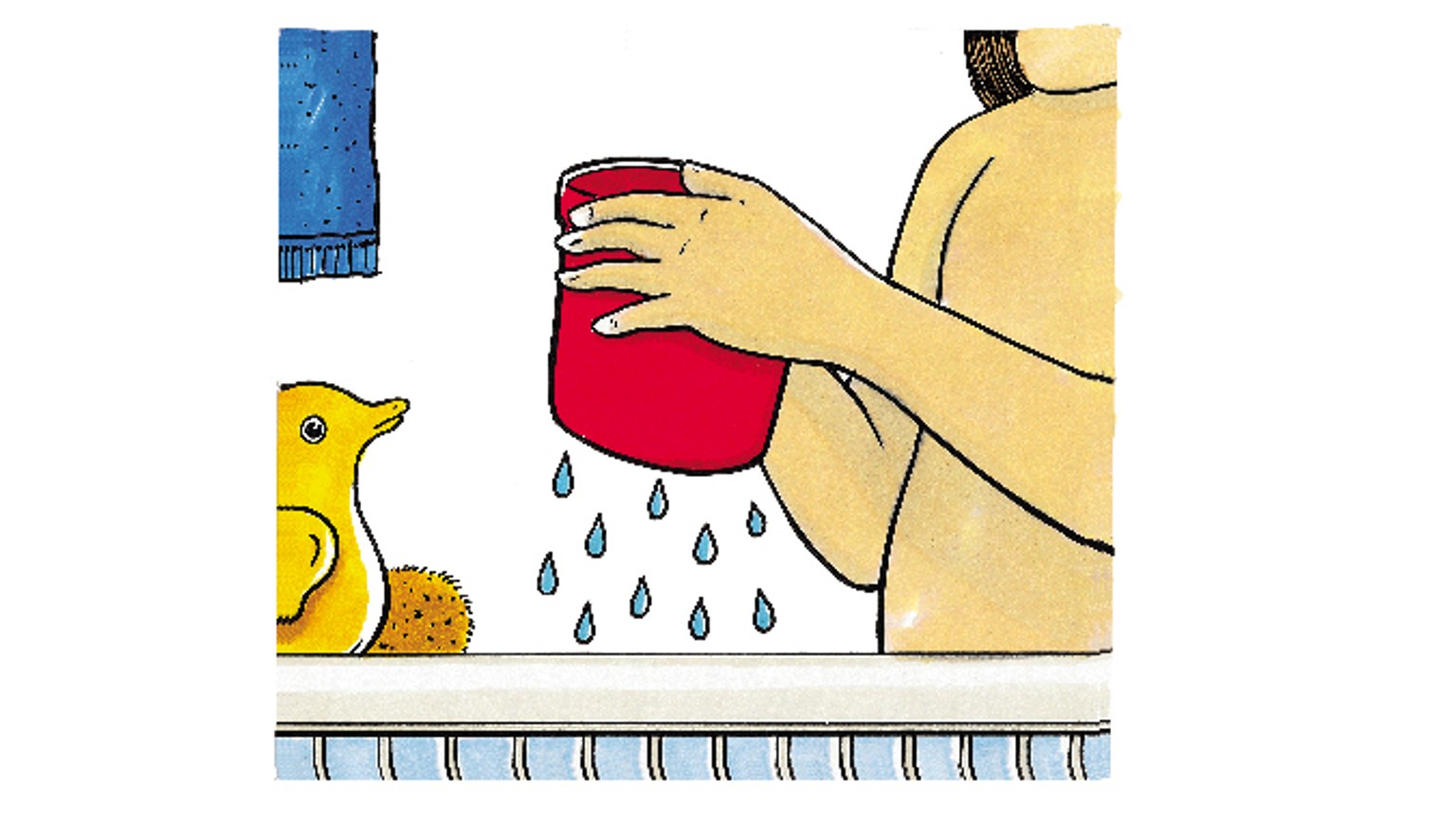 Tegnet illustration af en rød kop der drypper vand over en gul gummibadeand på badeværelseshylde.