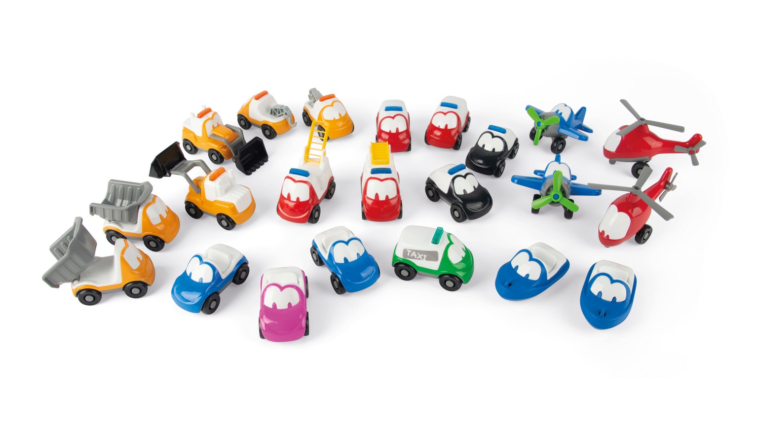 Samling af 22 små legetøjskøretøjer i forskellige farver som rød, blå, grøn og gul.