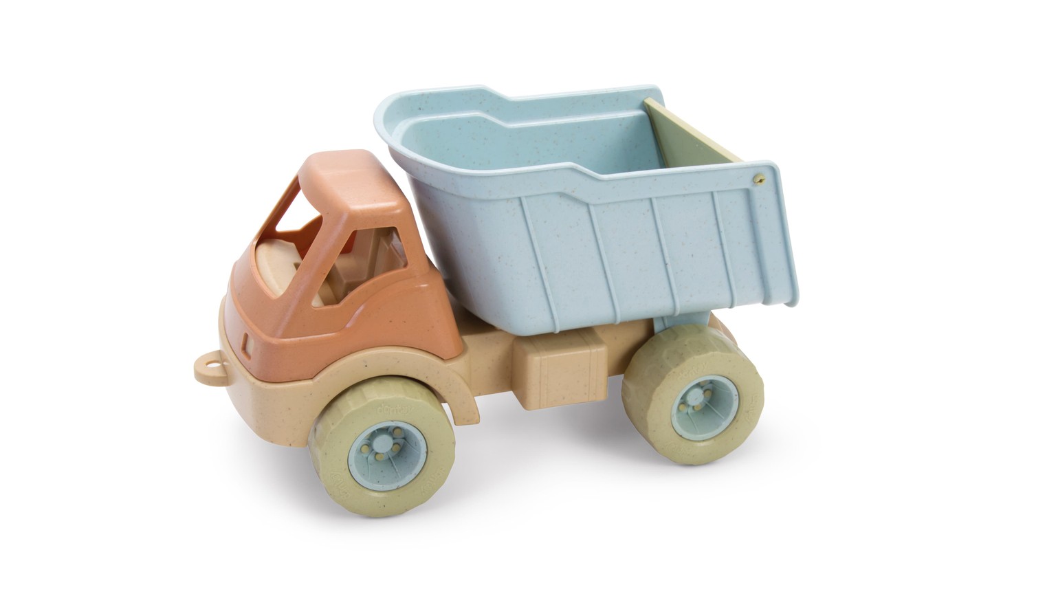 Lyserød lastbil med blå tiplad og lysegrå hjul.