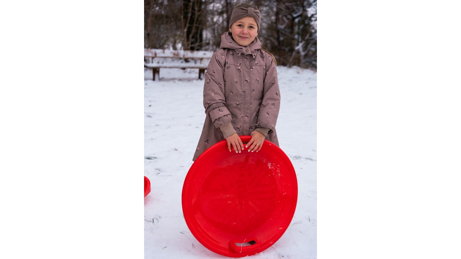 Rød kælk i snelandskab på en vinterdag