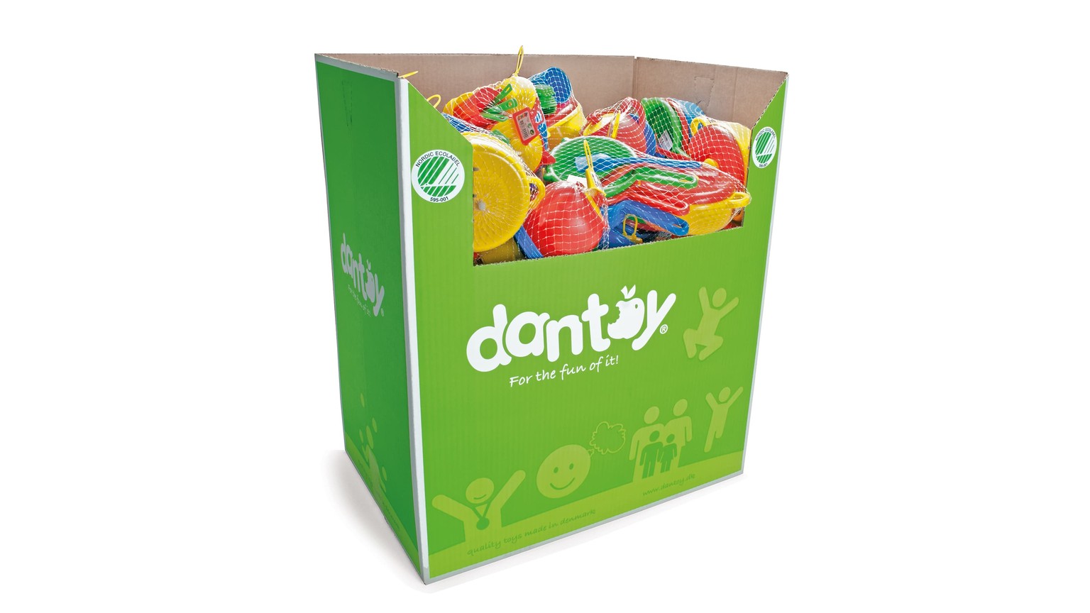 Grøn papkasse fyldt med farverigt legetøj til børn, inklusiv bolde og husholdningsredskaber.