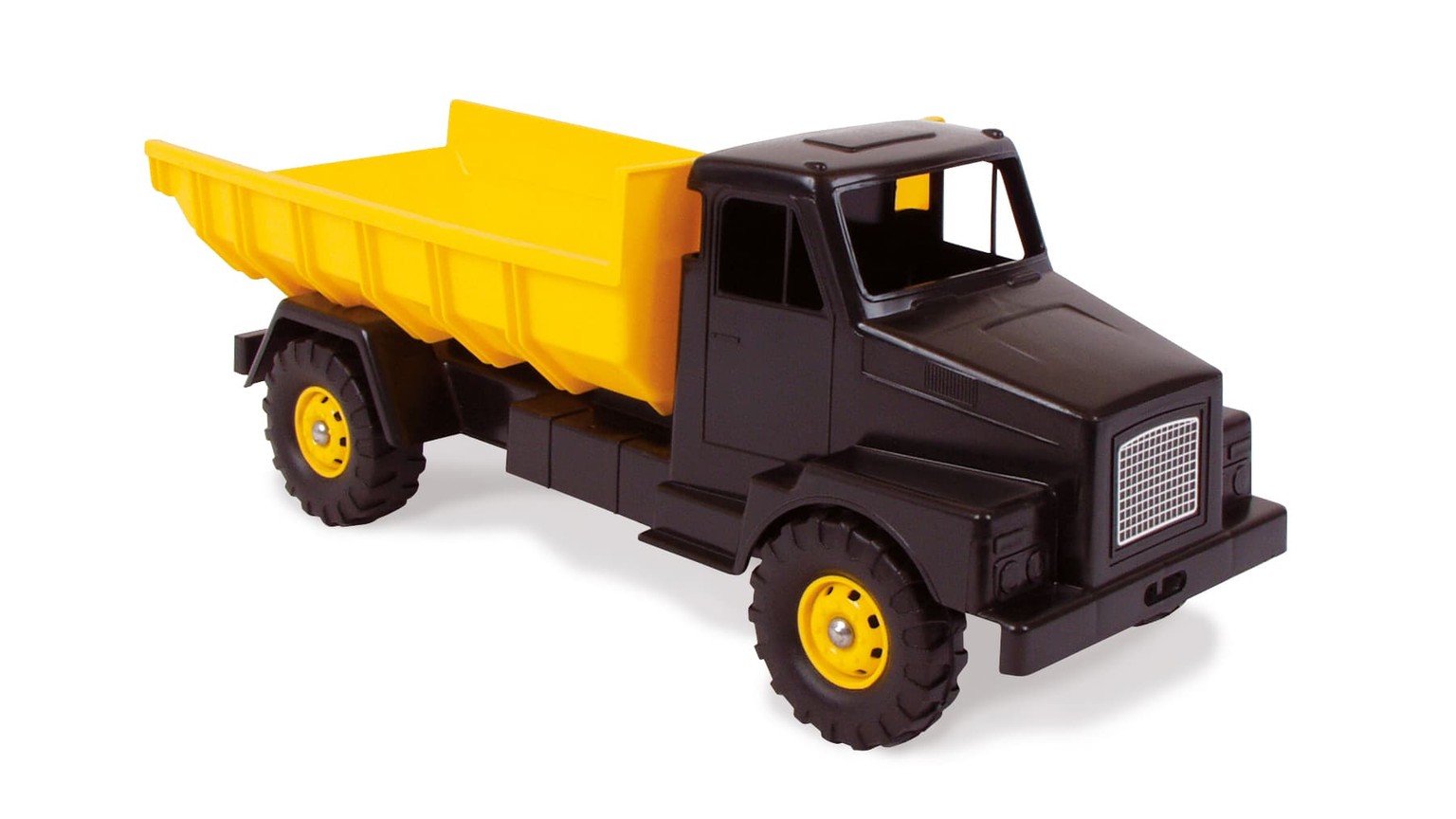 Sort og gul legetøjslastbil med tippelad