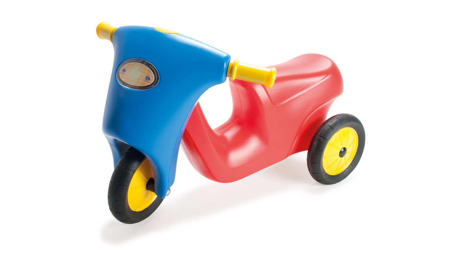 Rød og blå scooter-legetøj med gule hjul til småbørn