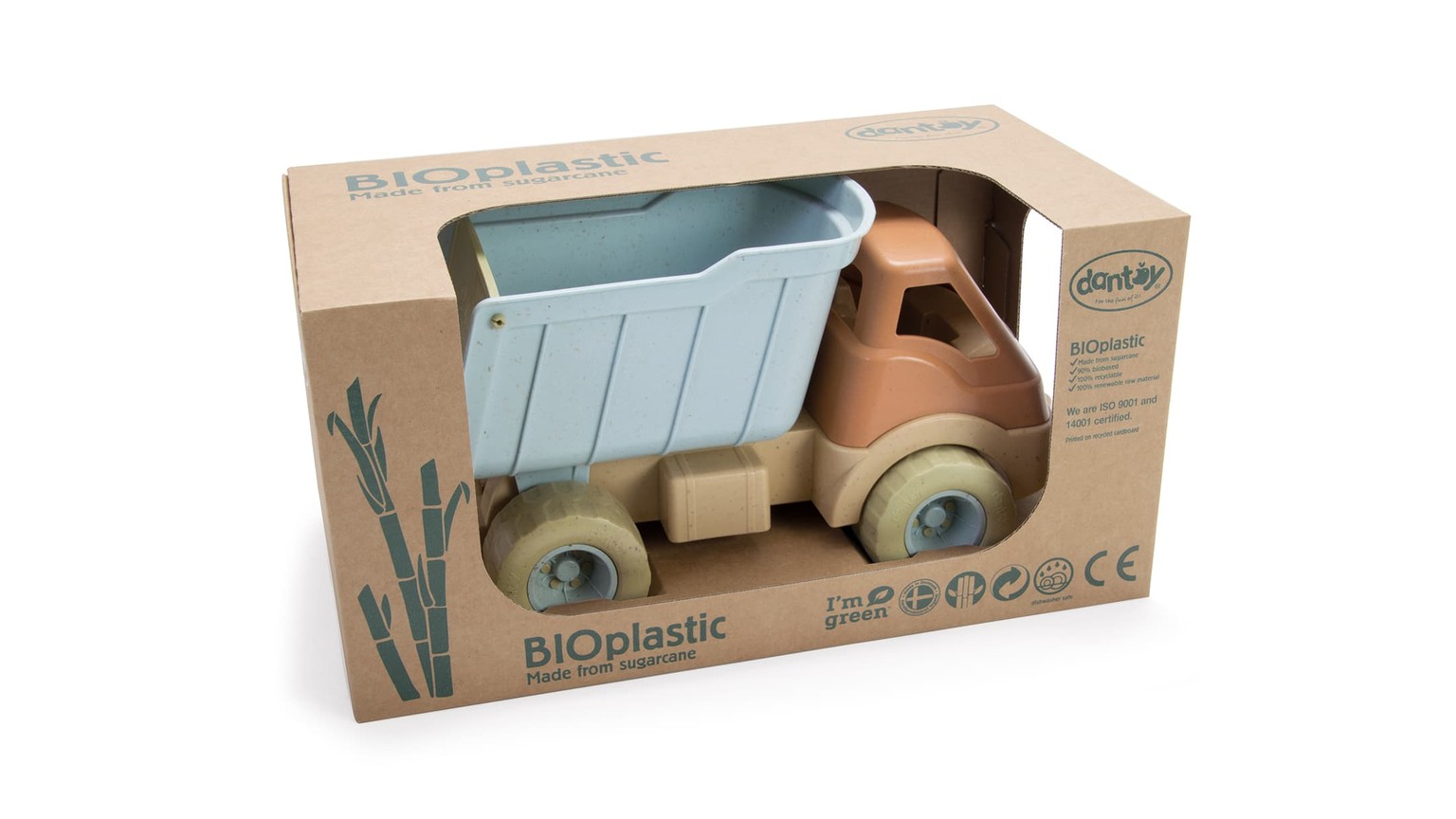 Blå og brun lastbil med tiplad i miljøvenlig papemballage.