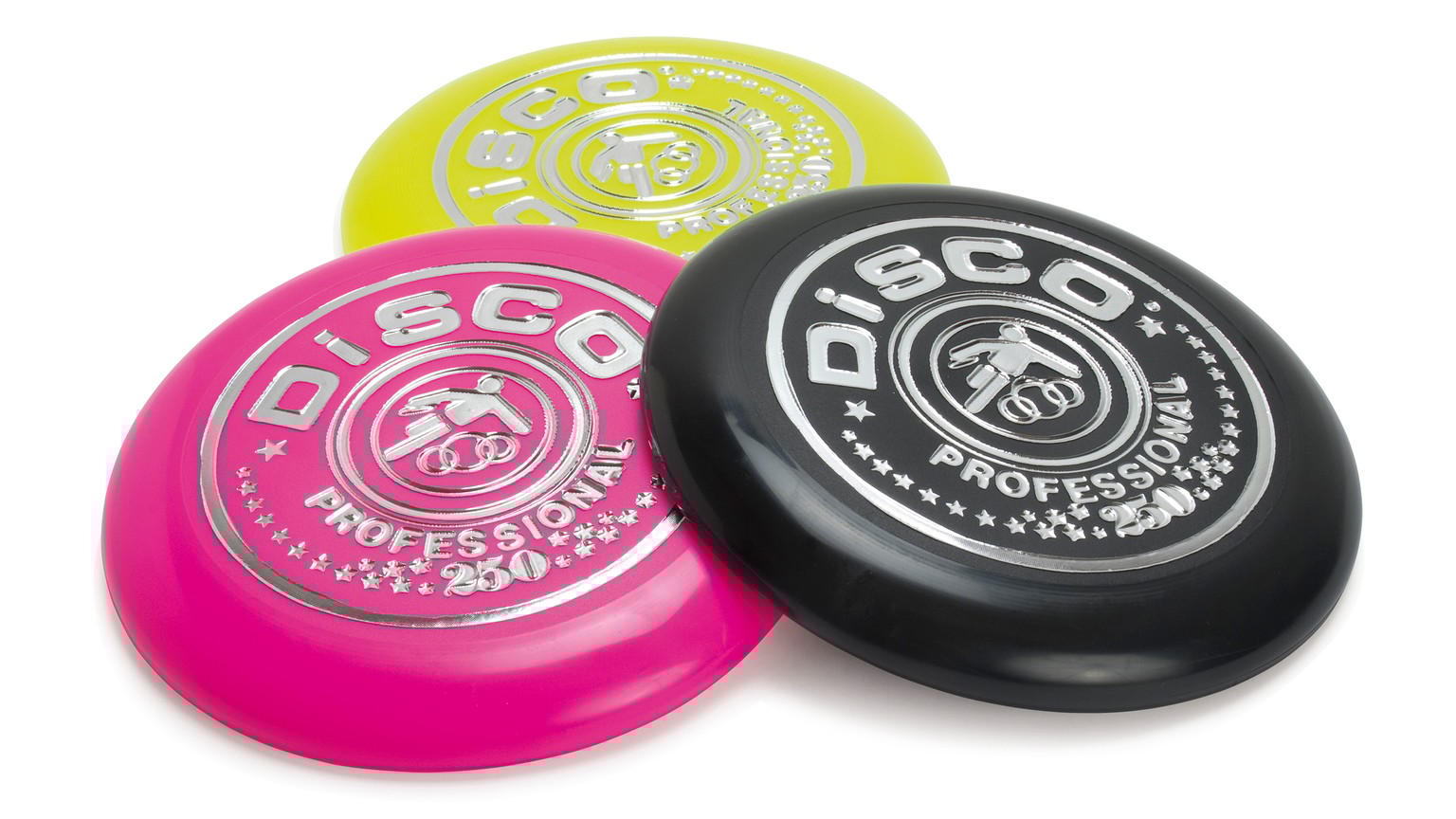 Tre runde frisbees i farverne gul, pink og sort på hvid baggrund.