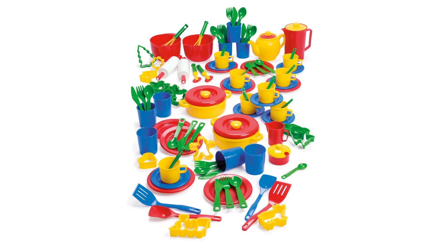 Farverigt legetøjs-køkkensæt med tallerkener, bestik, gryder og service i rød, gul, grøn og blå
