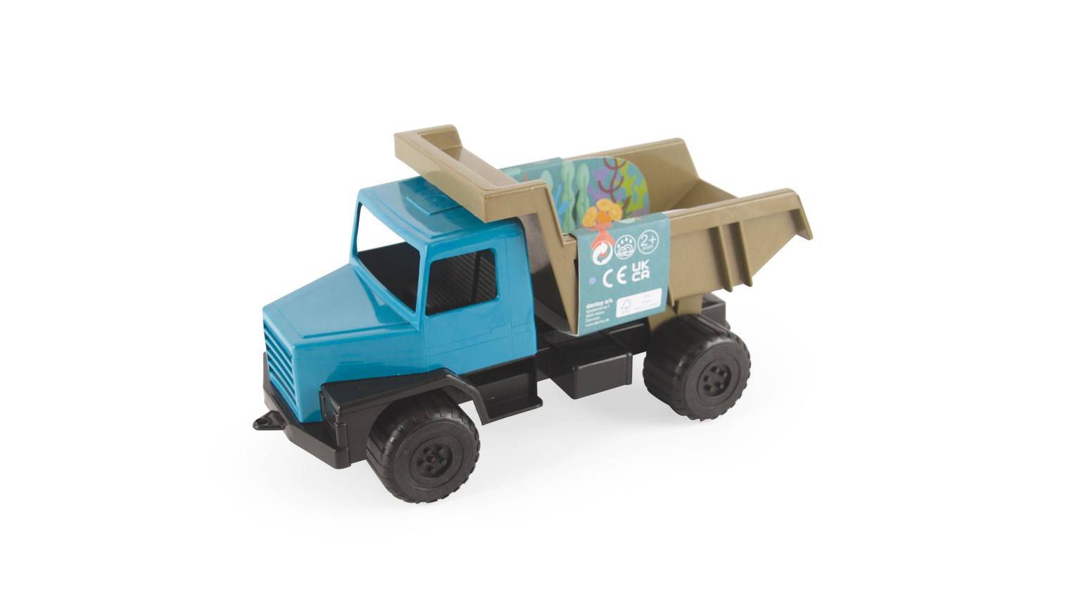 Blå og beige legelastbil af typen dumper med store hjul