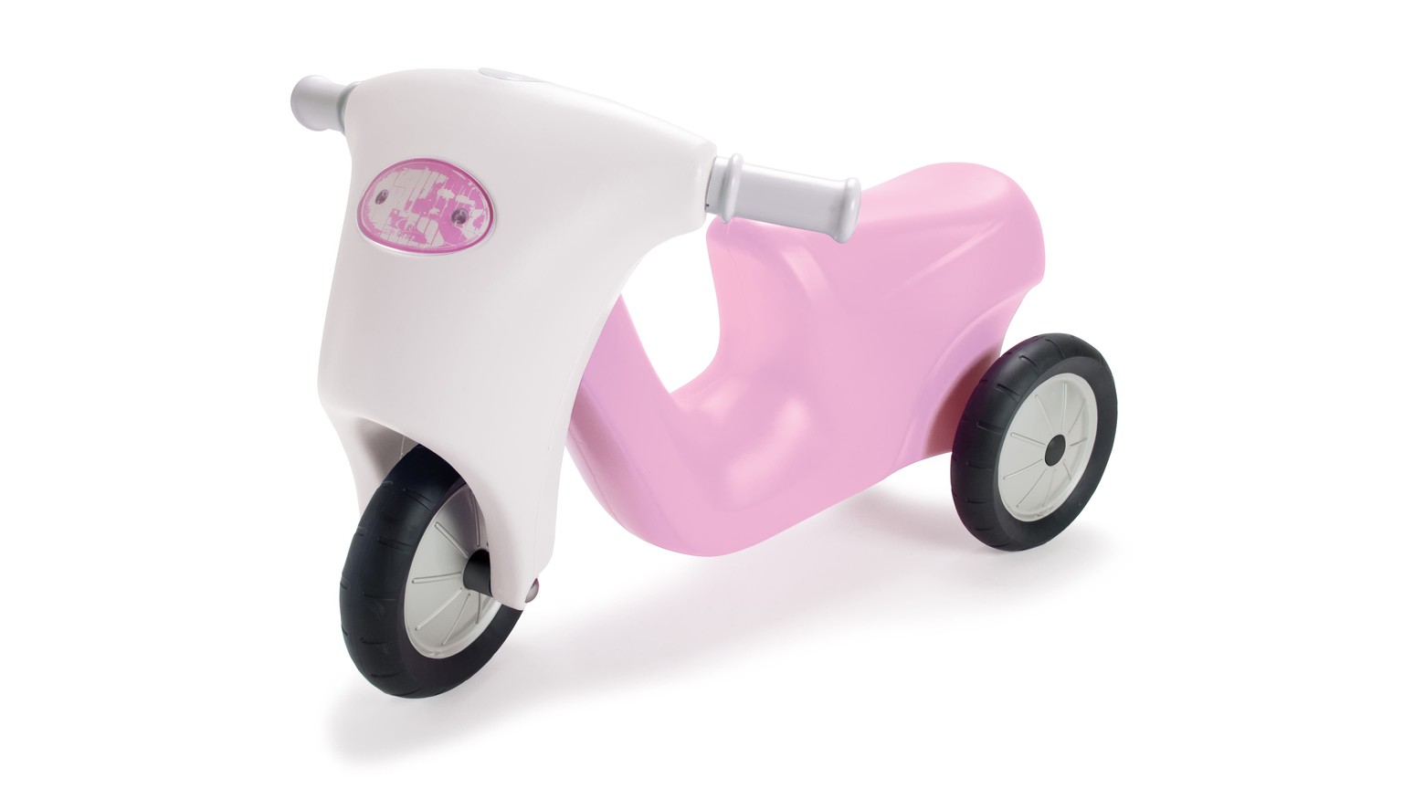 Hvidt og lyserødt trehjulet løbescooter til børn med sorte hjul
