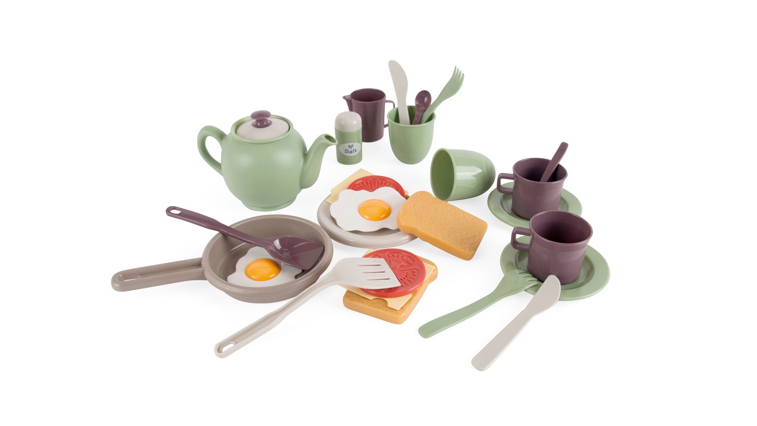 Et morgenmadssæt med grønne og lilla dele, bestående af tallerkener, kopper og bestik.