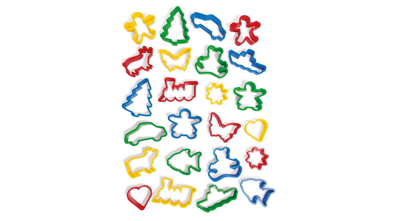 Farverige udstiksforme i blå, rød, gul og grøn med forskellige figurer som stjerner, hjerter og dyr.