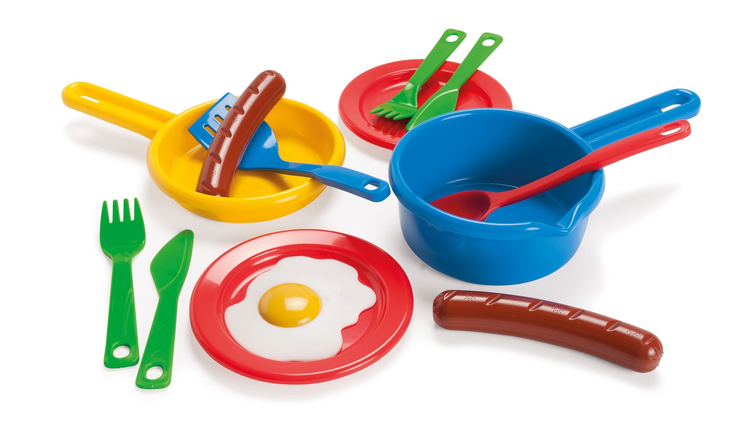 Legetøjsservice med pande, tallerken, spejlæg og pølse i rød, blå og gul plast med tilhørende bestik