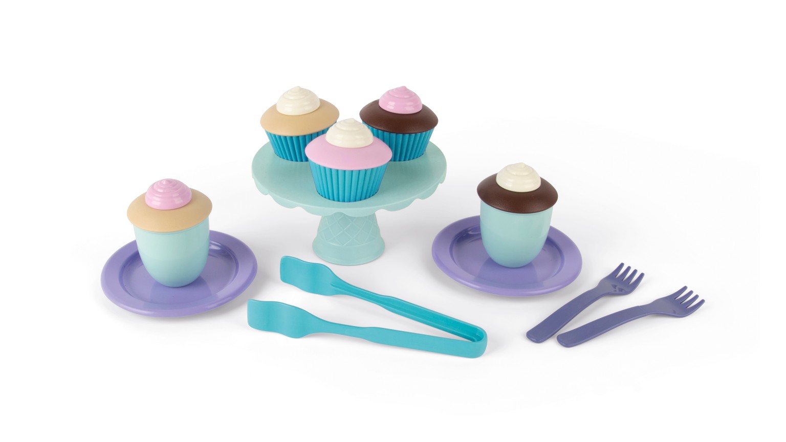 Legetøjs-dessertsæt med cupcakes, tallerkener og bestik i pastelfarver turkis og lilla