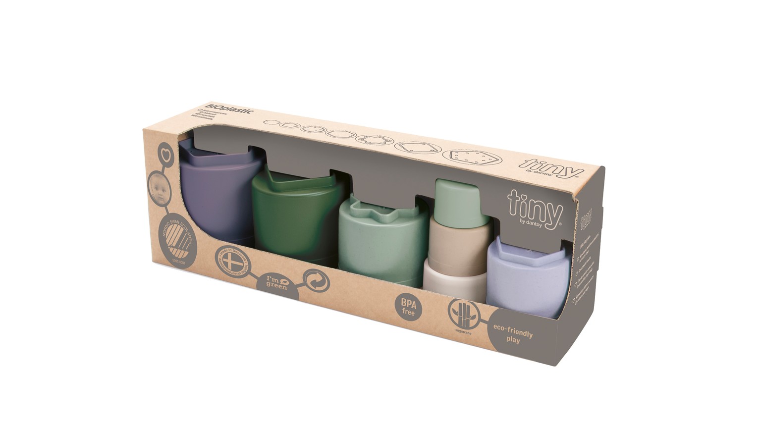 Fire stablede krus i forskellige grønne og grå nuancer, præsenteret i gennemsigtig detailpakning.