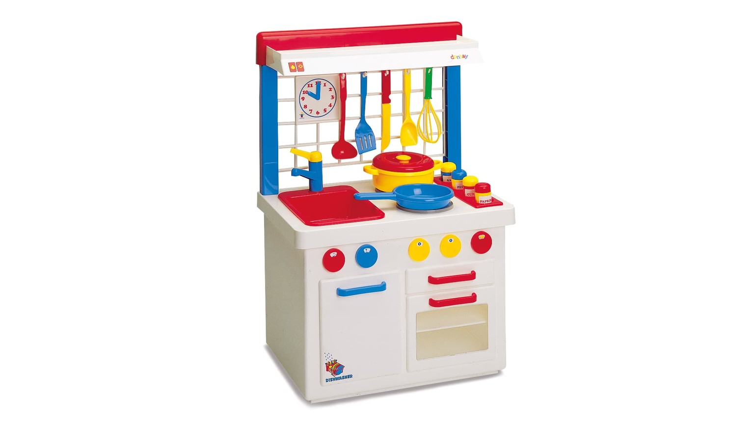 Hvidt legetøjskøkken med farverige gryder, redskaber og kogeplader. Blå, rød og gul som primære farver.