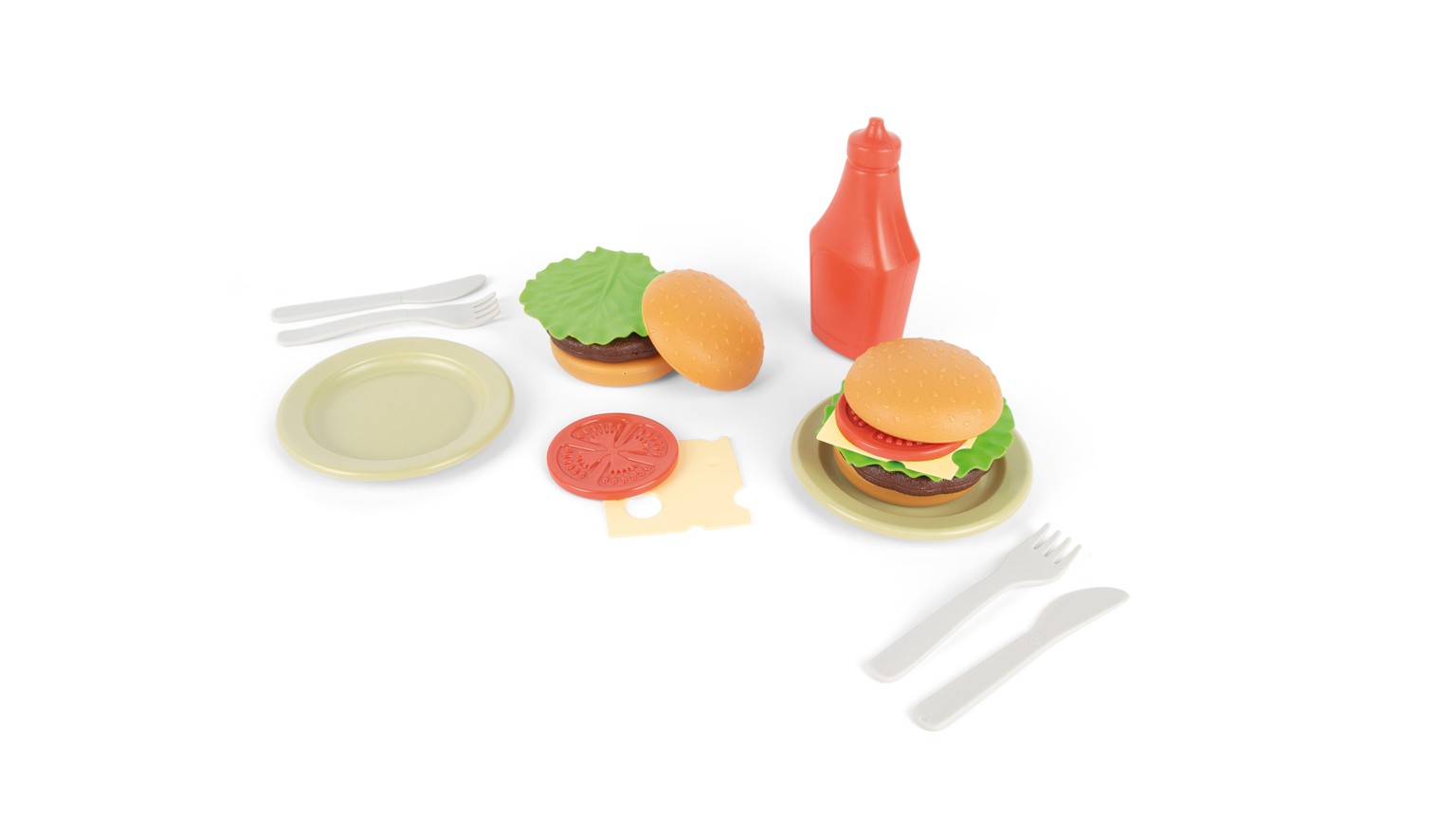Legetøjs-burgersæt med hamburger, grøntsager og tilbehør i klare farver.