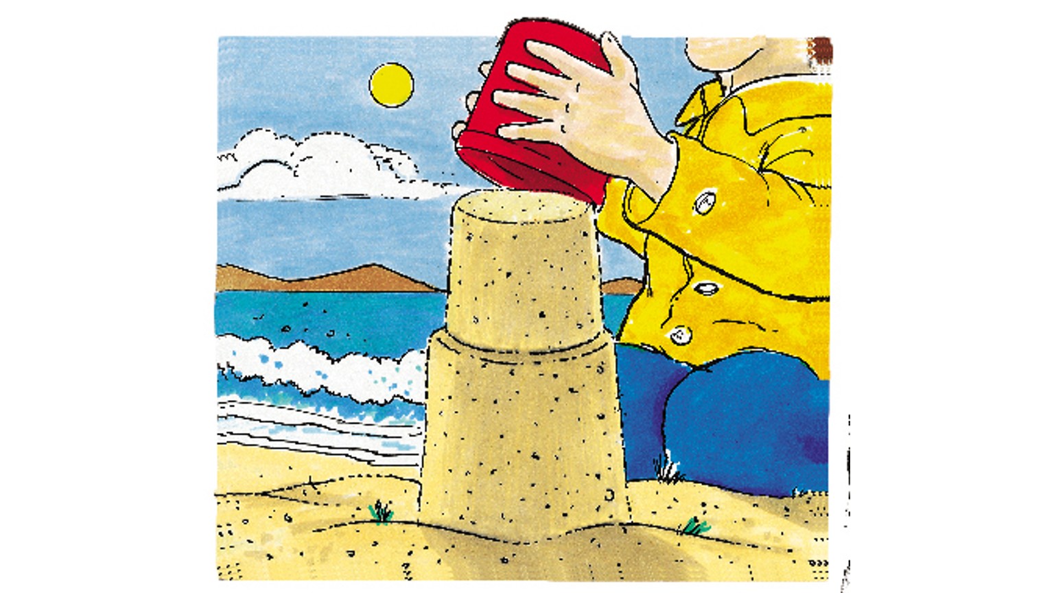 Tegning af rød spand der bygger sandslot ved havet, med gul regnjakke og blå himmel i baggrunden.