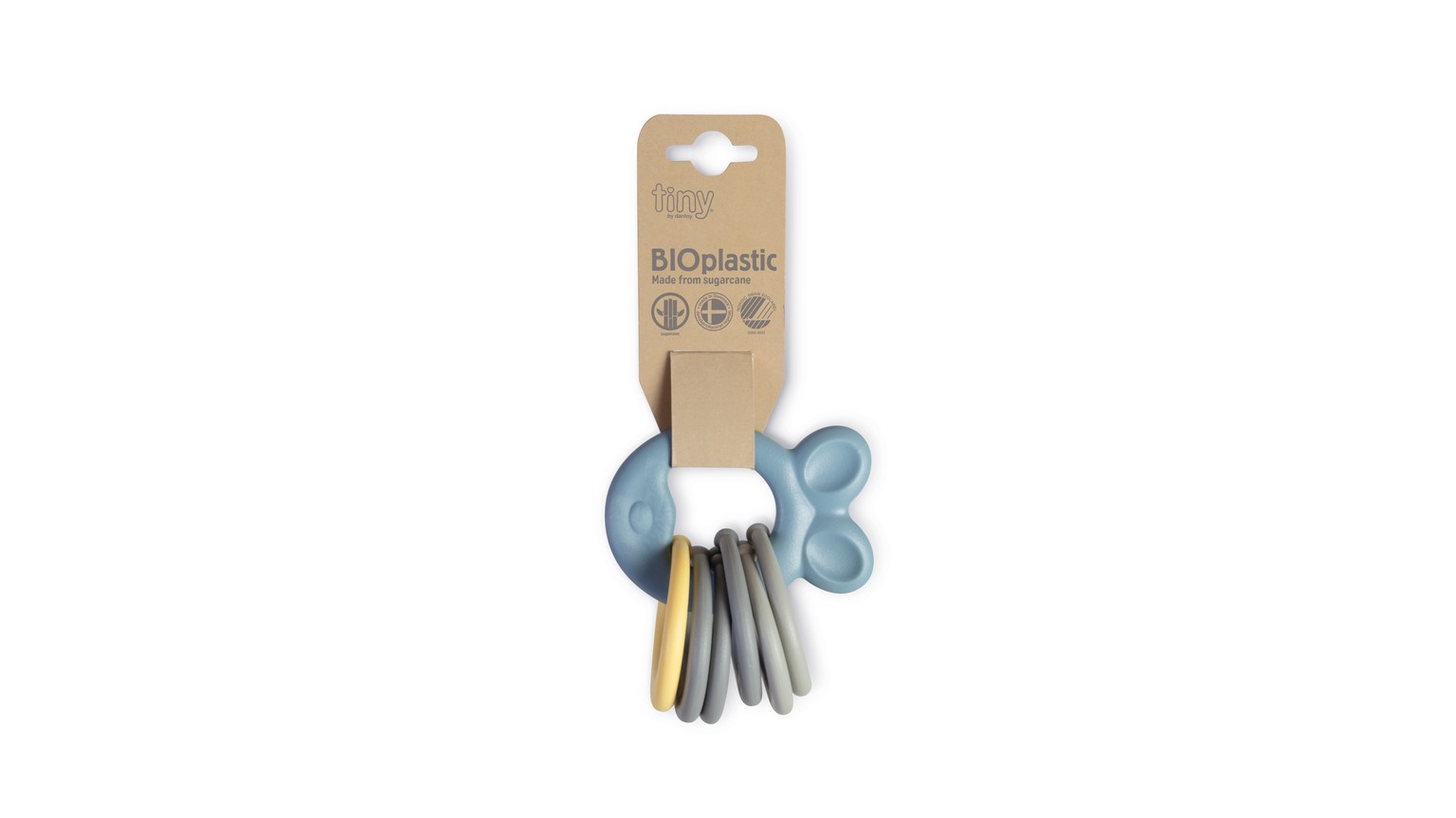 Blå aktivitetskæde med seks grå og blå legetøjsdele på brun emballage