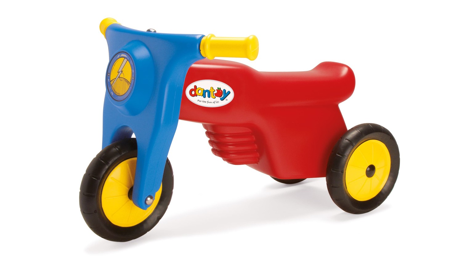 Rød og blå trehjulet motorcykel til børn med gule hjul