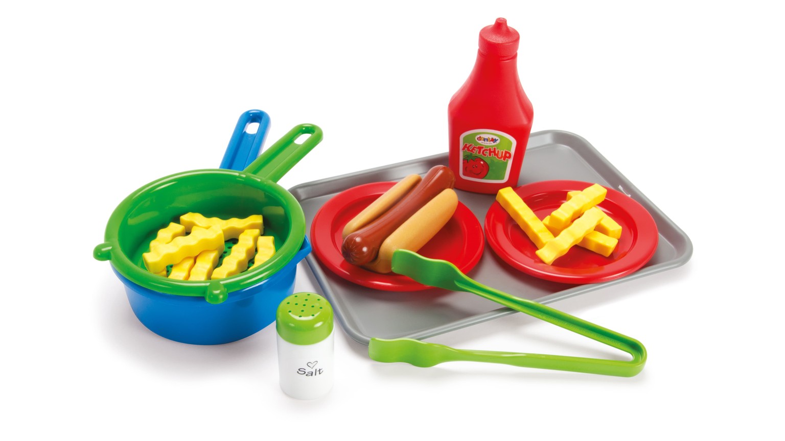 Legetøjs hotdog-sæt med rød og blå skål, ketchupflaske og grønne redskaber