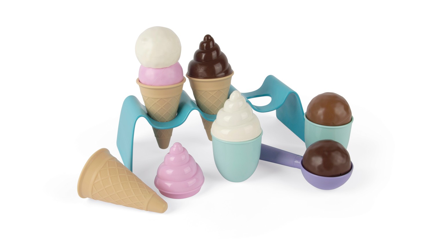 Legetøjs-issæt med flere iscones og kugler i pastelfarver blå, lyserød og brun.