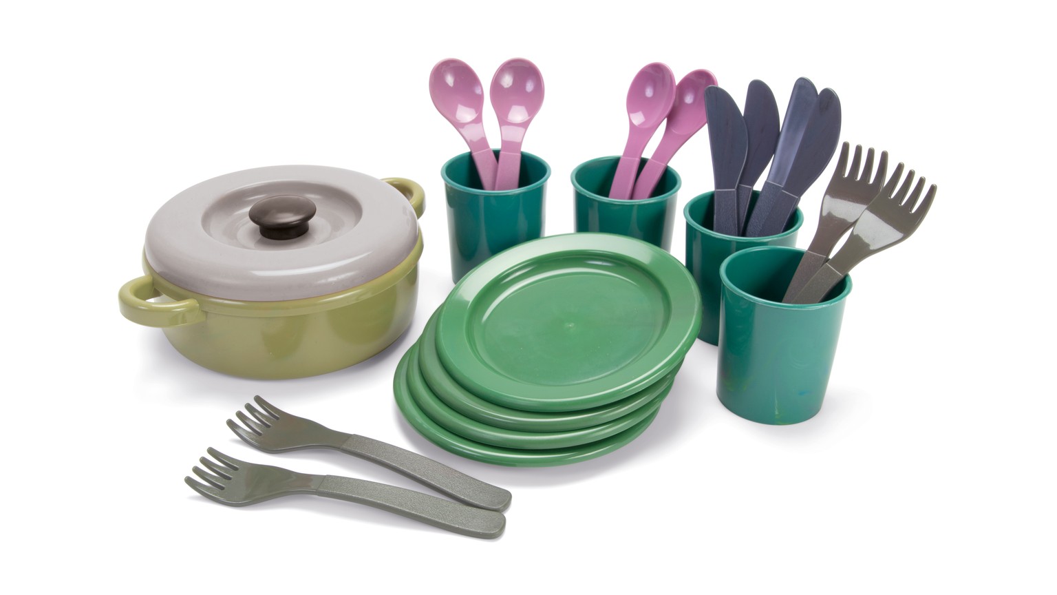 Grønt spisesæt med tallerkener, bestik og krus i turkis holder samt en lille gryde med låg