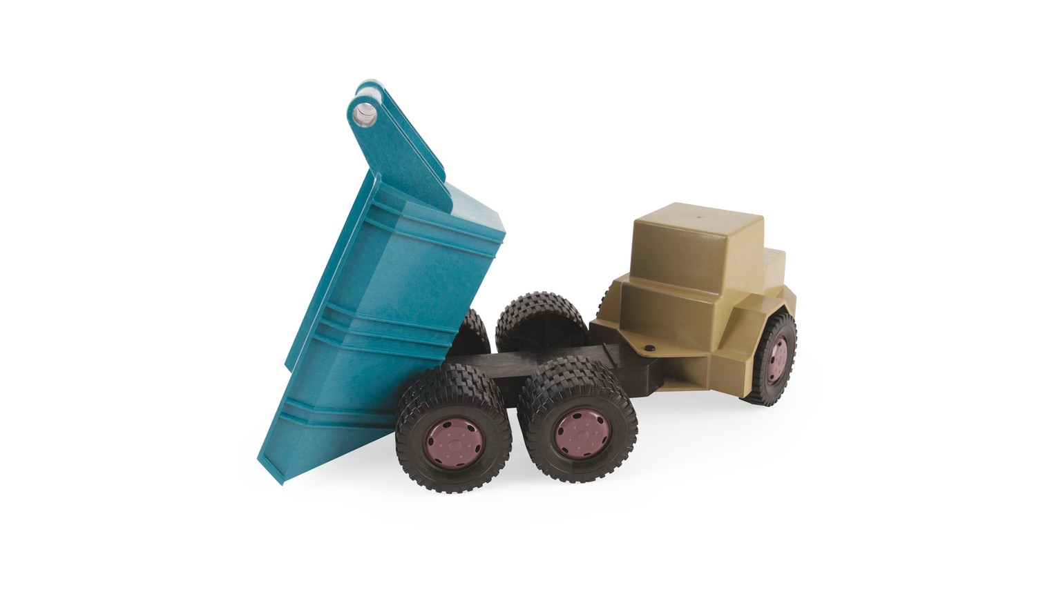 Legetøjsdumper med store hjul og aftagelig container i turkis og beige farver.