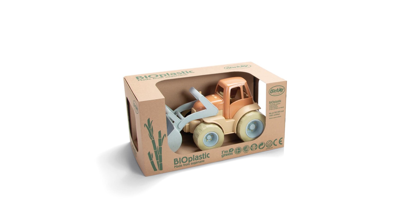 Lyseblå traktor med skovl i miljøvenlig papkasse med kaktus-illustration