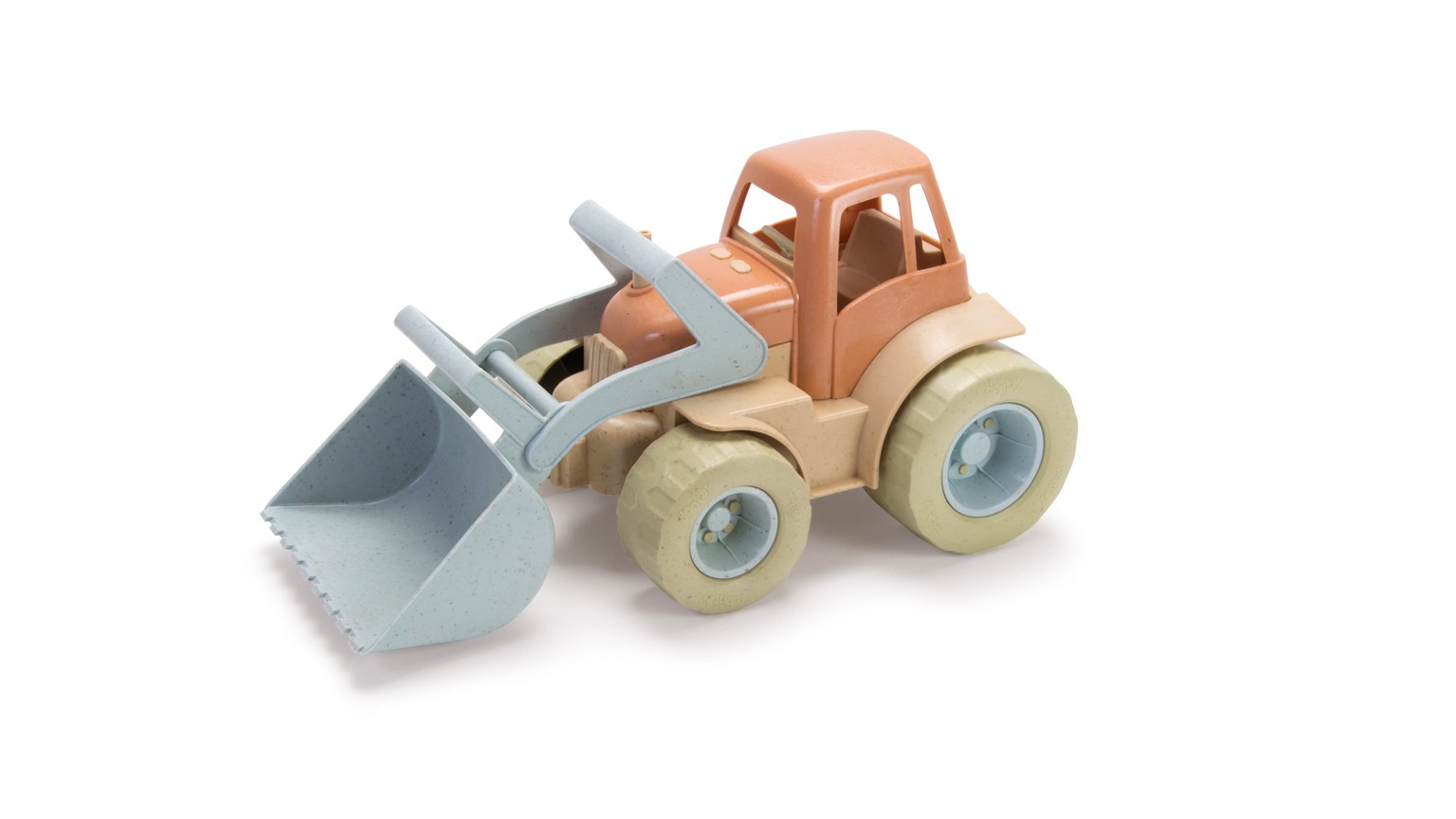 Lyserød legetraktor med grå frontlæsser og store hjul