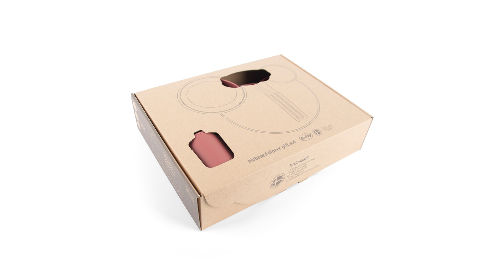 Brun papkasse med vindue der viser lyserødt legetøj indeni