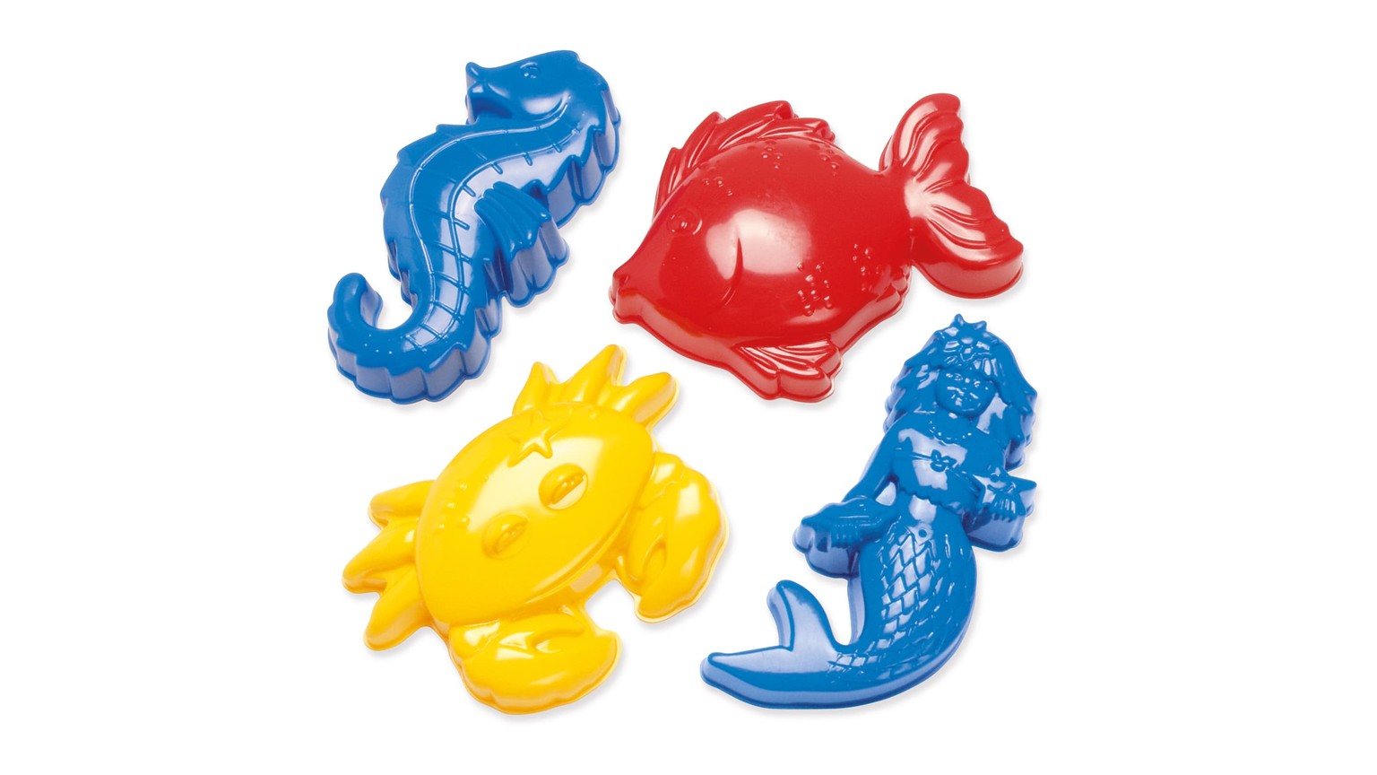 Fire havdyr-figurer i blå, rød og gul - formet som søhest, fisk, krabbe og hval