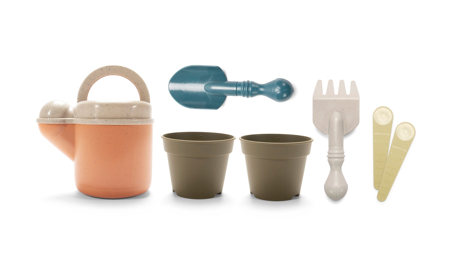 Et børne-plantesæt med brun potte, grønne plantekrukker, sandskål og haveredskaber i lyseblå og beige.