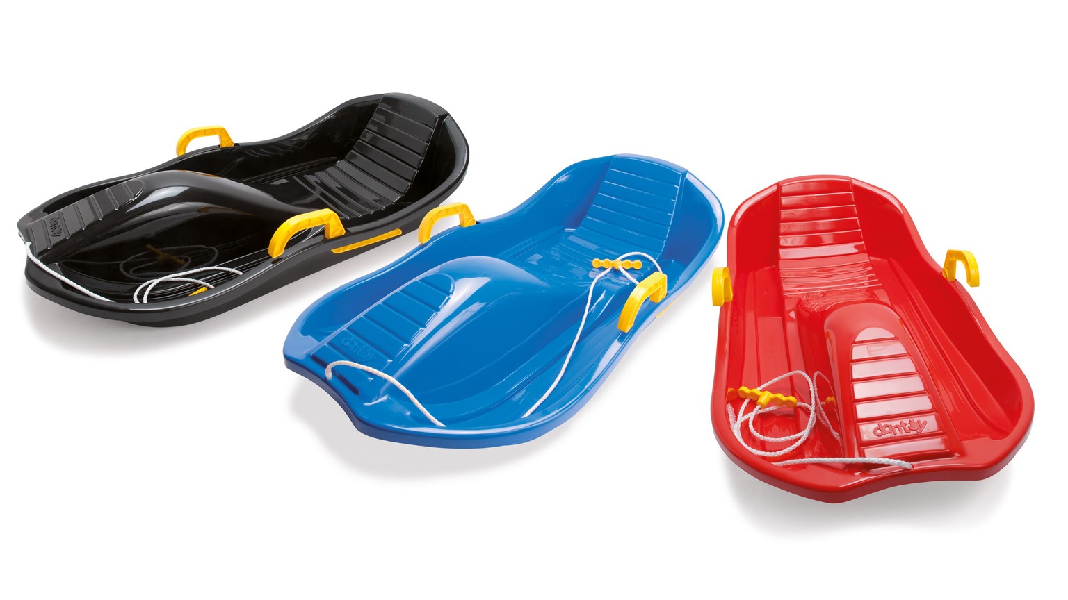 Tre kælke i sort, blå og rød med strømlinede former og greb